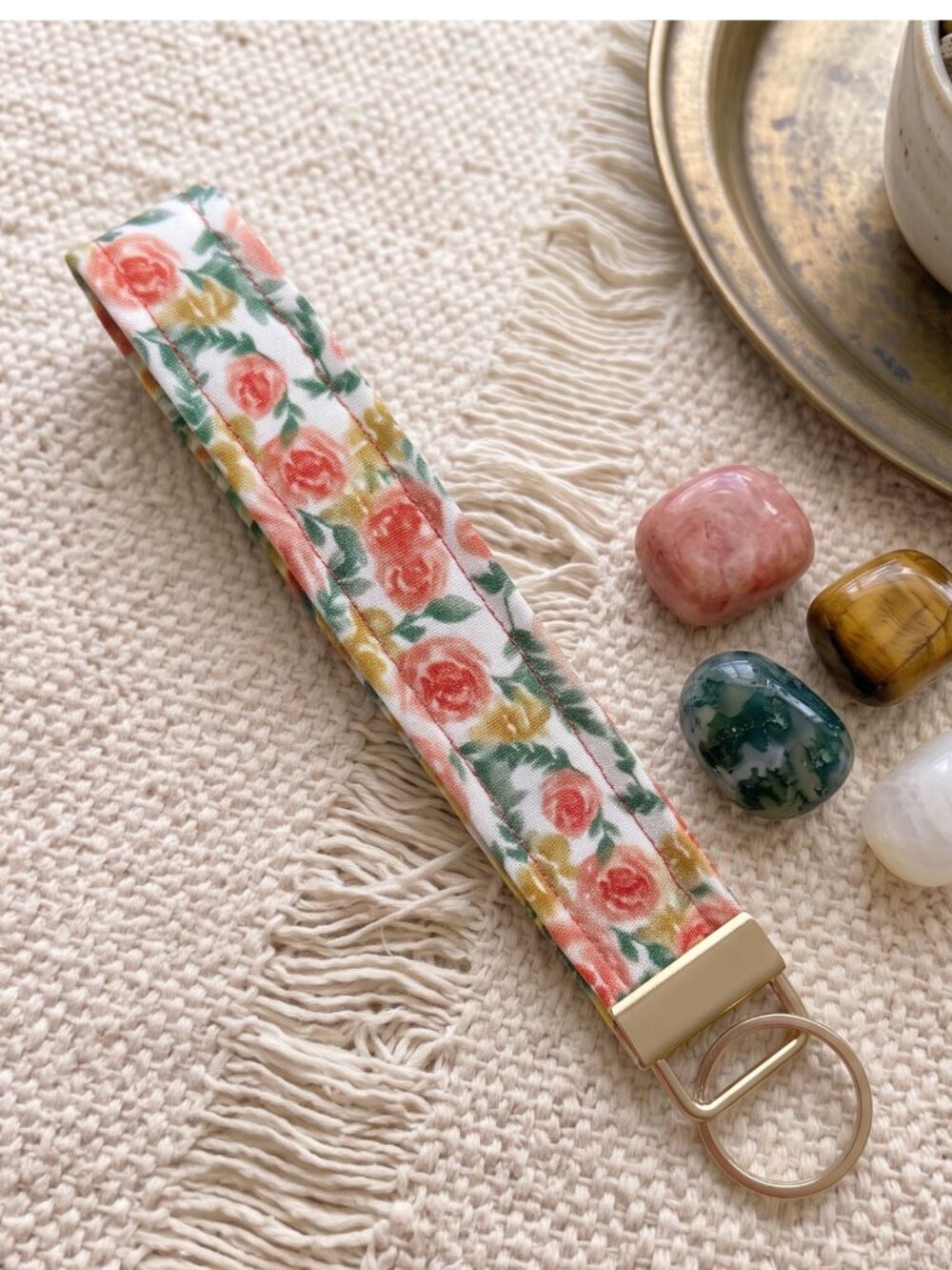 New Peach Floral Print Fabric Keychain Wristlet – Cute & Handy Key Holder